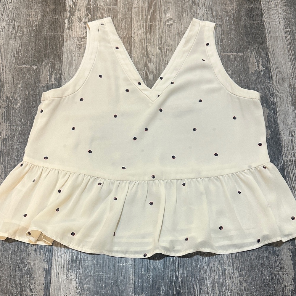 LOFT Ivory and Black Dot V-Neck Blouse